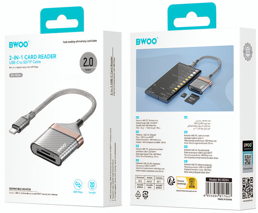 Lector de Tarjetas USB-C BWOO BZ64, SD - microSD, Gris