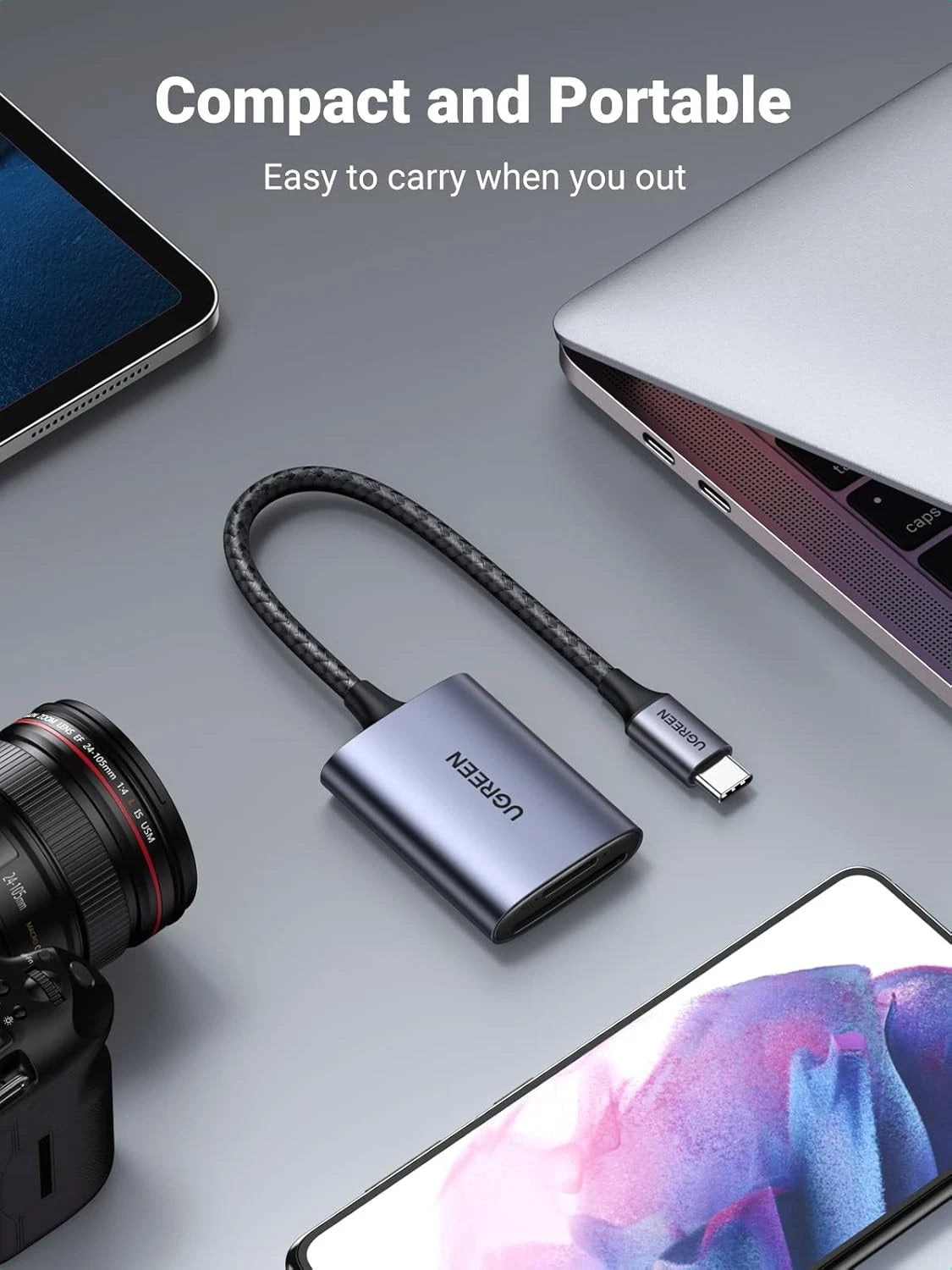 Lector de tarjetas USB-C UGREEN CM401, SD - microSD, Gris