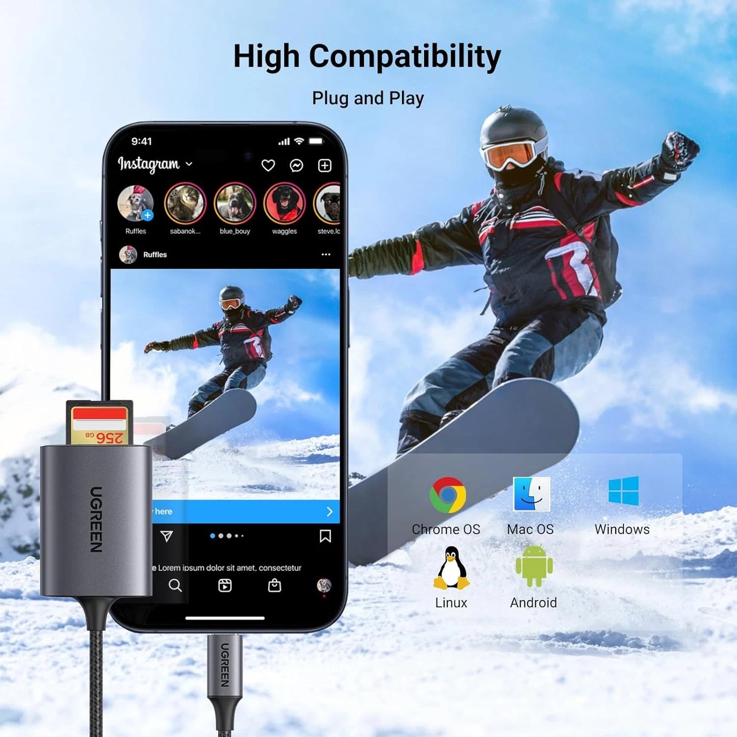 Lector de tarjetas USB-C UGREEN CM401, SD - microSD, Gris