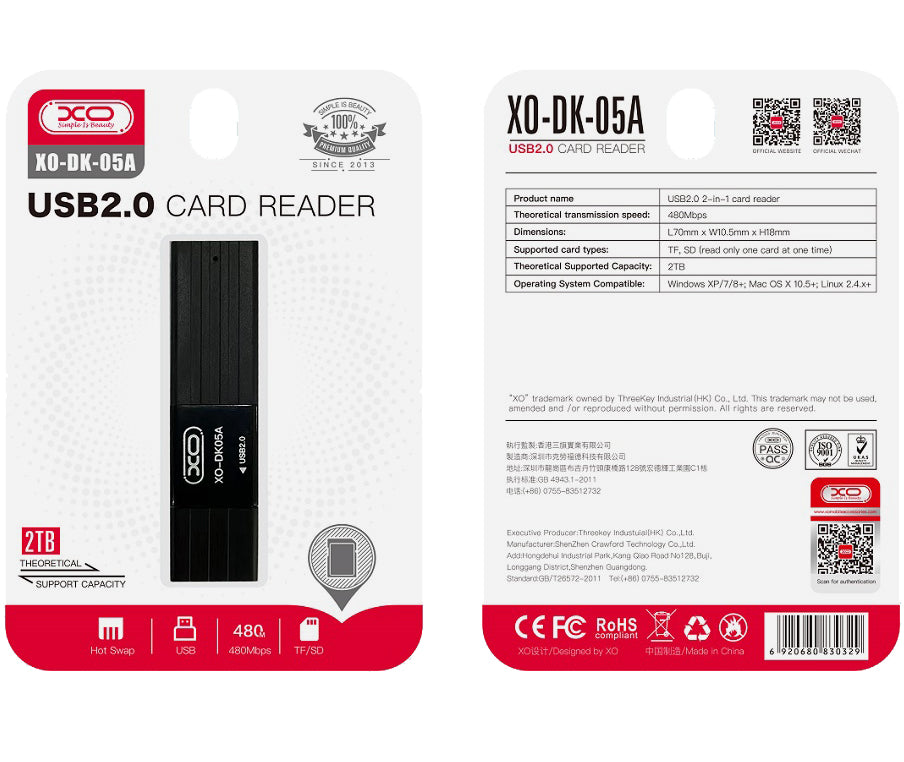 Lector de tarjetas USB XO Design DK05A, SD - microSD, Negro