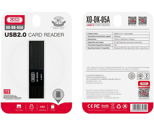 Lector de tarjetas USB XO Design DK05A, SD - microSD, Negro