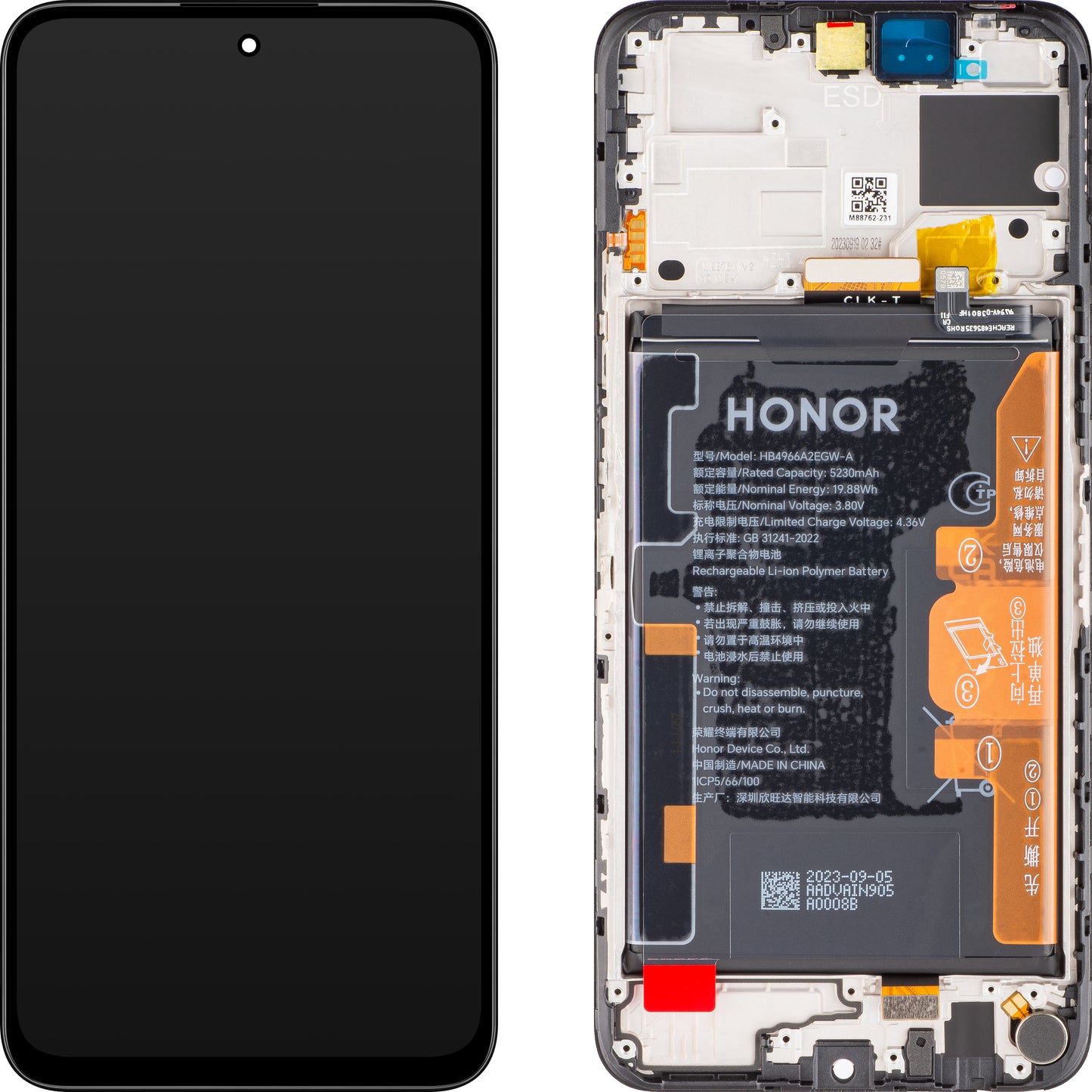 Pantalla táctil Honor 90 Smart / X7b 4G, con marco y batería, Negro (Midnight Black), Service Pack 0235AHDQ