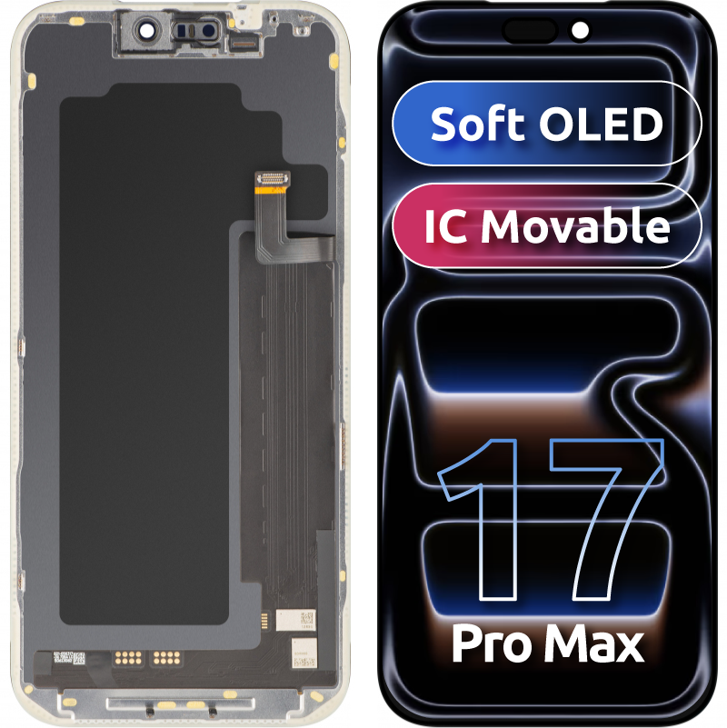 Pantalla con Touchscreen MP compatible con Apple iPhone 17 Pro Max, con Marco, Versión Soft OLED FHD 120Hz IC Movible, Negro
