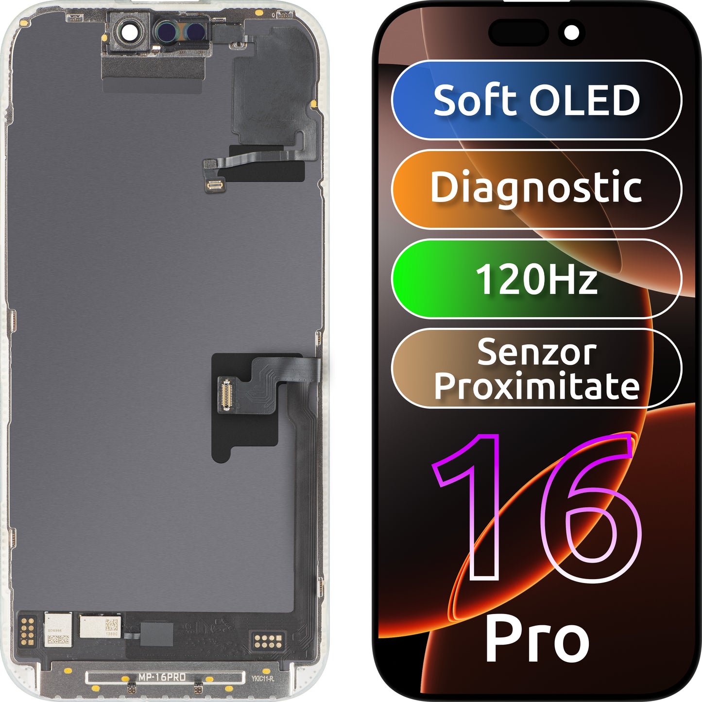 Pantalla con pantalla táctil y sensor de proximidad de luz MP compatible con Apple iPhone 16 Pro, con marco, versión de software OLED FHD 120Hz diagnóstico, negro