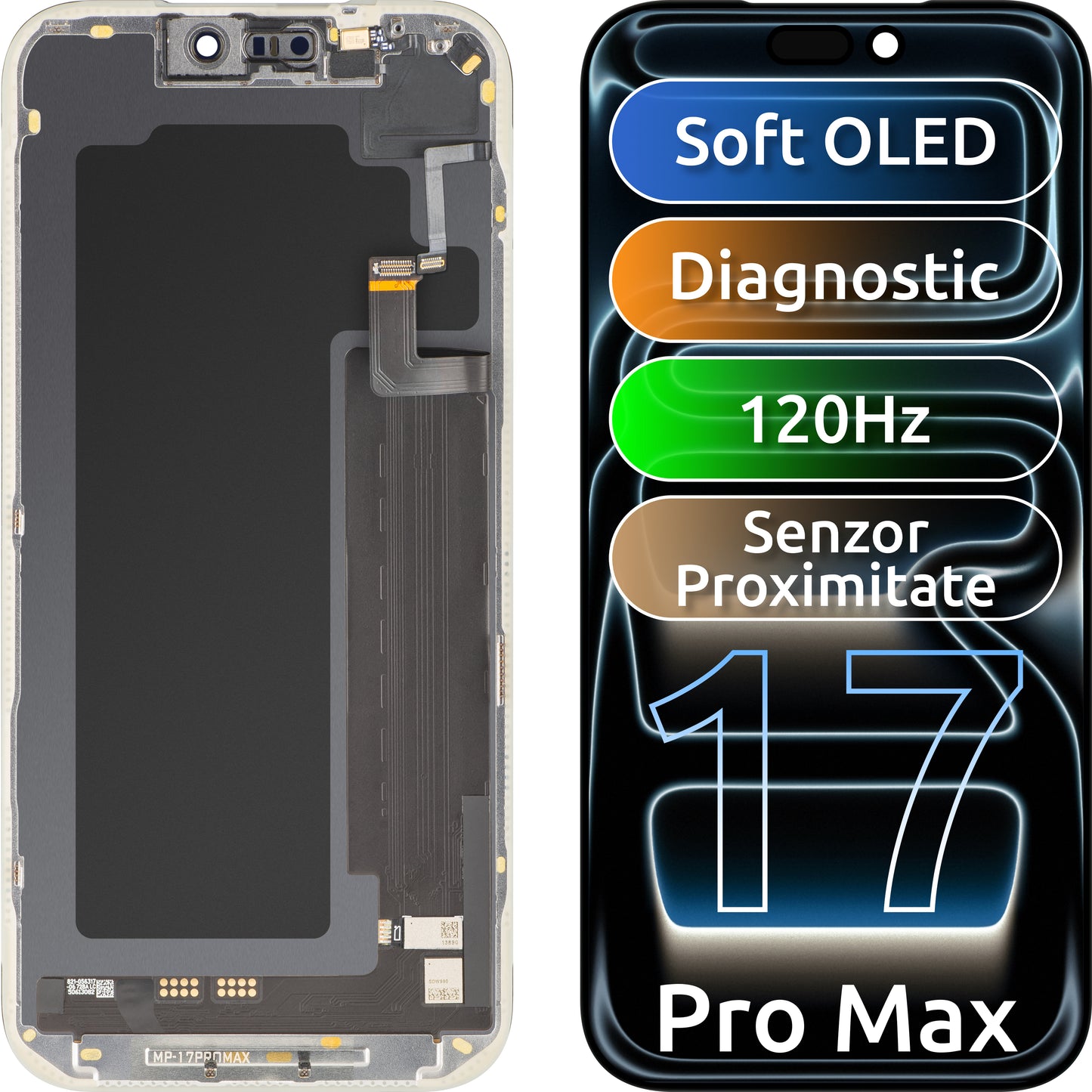 Pantalla con pantalla táctil y sensor de proximidad de luz MP compatible con Apple iPhone 17 Pro Max, con marco, versión de software OLED FHD 120Hz diagnóstico, negro