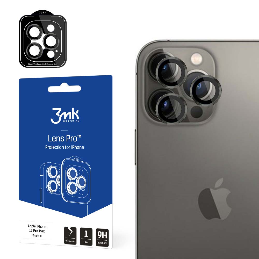 3MK Película Protectora de la Cámara Trasera para Apple iPhone 15 Pro Max, Cristal Protector, Negro