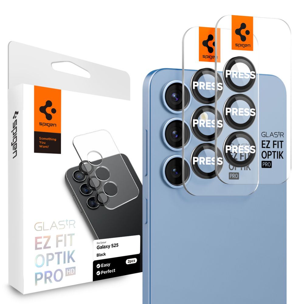 Protector de cámara trasera Spigen GlastR EZ FIT Optik Pro HD para Samsung Galaxy S25 S931, Cristal Templado, Set de 2 piezas, Negro AGL09092