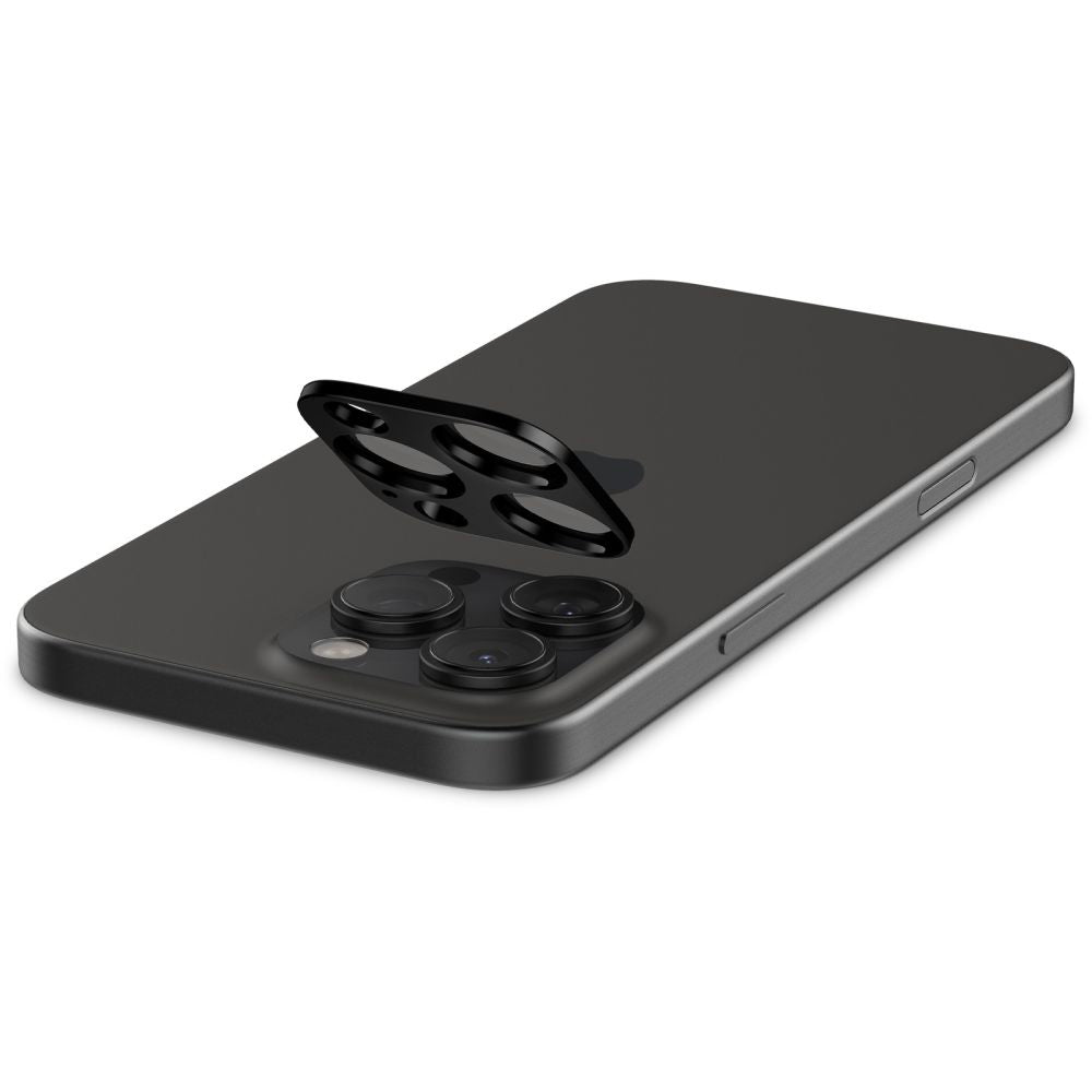 Spigen Optik Película Protectora de la Cámara Trasera para Apple iPhone 15 Pro Max / 15 Pro, Protección de Cristal, Pegamento Completo, Set 2 piezas, Negro AGL05273