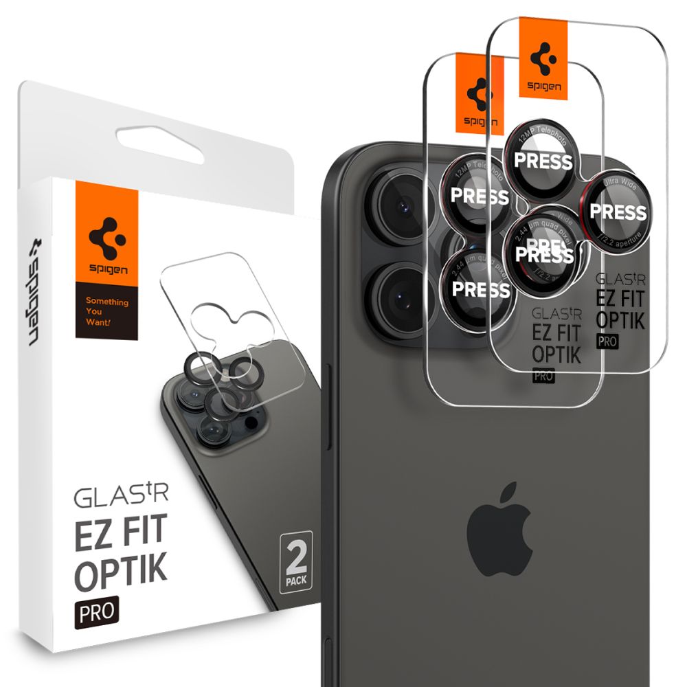 Película Protectora Cámara Trasera Spigen EZ FIT para Apple iPhone 16 Pro Max / 16 Pro / 15 Pro Max, Cristal Protegido, Set 2 piezas, Negro AGL05217