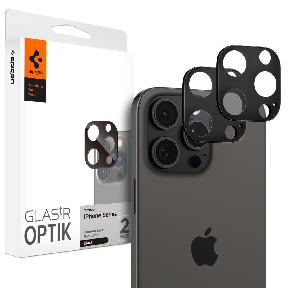 Spigen Optik Película Protectora de la Cámara Trasera para Apple iPhone 15 Pro Max / 15 Pro, Protección de Cristal, Pegamento Completo, Set 2 piezas, Negro AGL05273