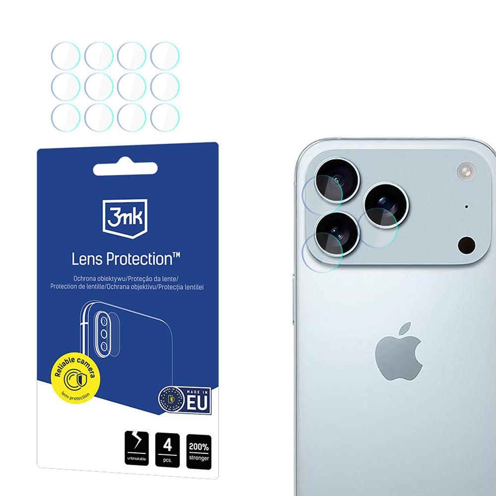 Protector de cámara trasera 3MK Protection para Apple iPhone 17 Pro, Cristal Flexible, Set de 4 piezas, Transparente