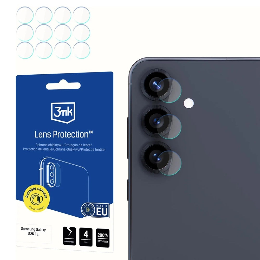 Protector de cámara trasera 3MK Protection para Samsung Galaxy S25 FE, Cristal Templado, Set de 4 piezas, Transparente