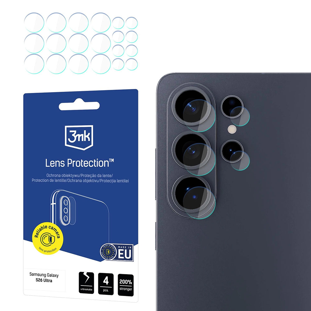 Protector de cámara trasera 3MK Protection para Samsung Galaxy S26 Ultra S948, Cristal Templado, Set de 4 piezas, Transparente