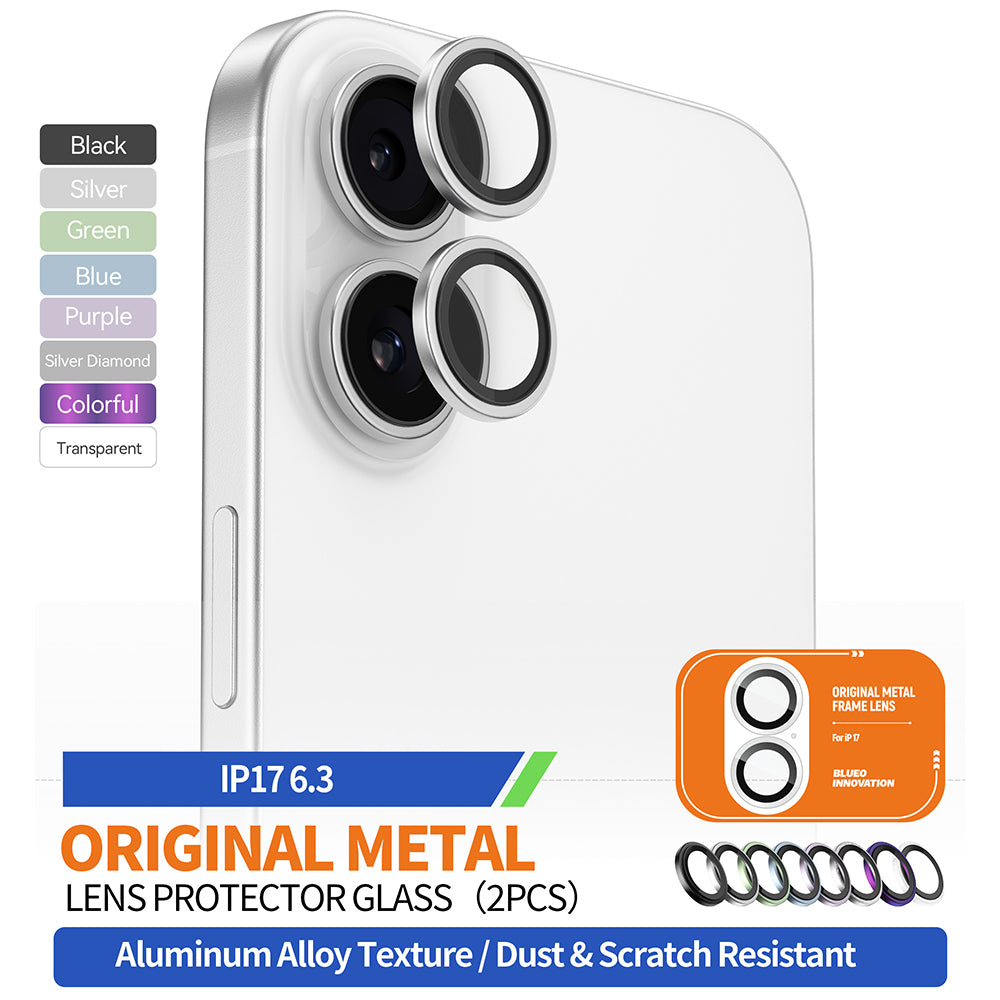 Funda protectora para cámara trasera Blueo Metal Frame para Apple iPhone 17, Cristal Templado, Plateada