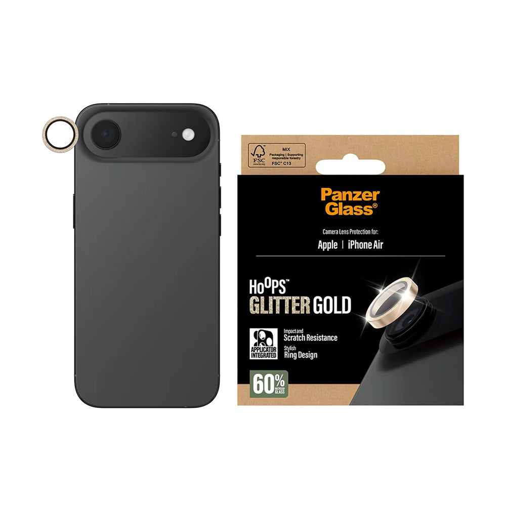 Funda protectora de cámara trasera PanzerGlass Hoops Glitter para Apple iPhone 17 Air, Cristal Templado, Dorado