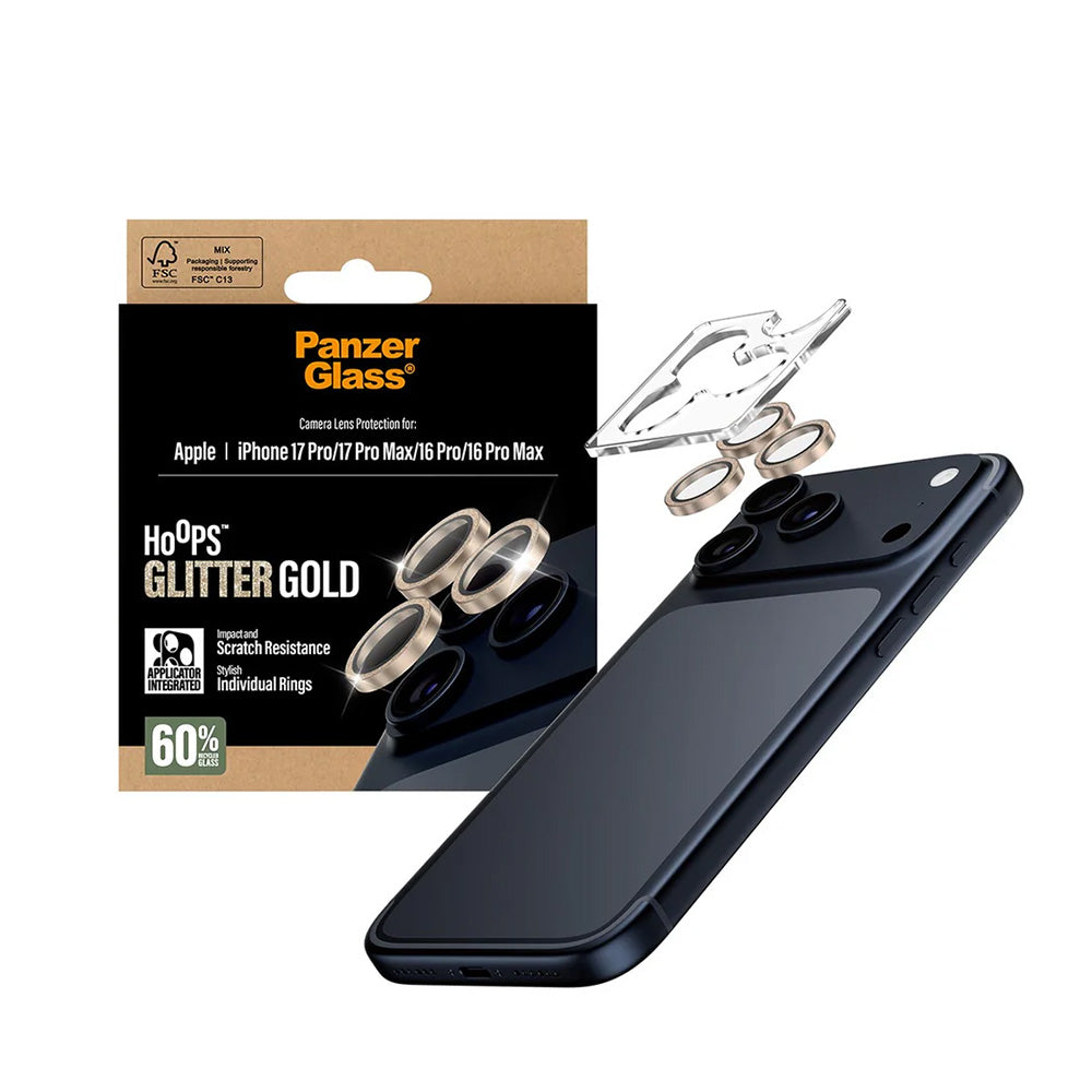 Protector de cámara trasera PanzerGlass Hoops Glitter para Apple iPhone 17 Pro Max / 17 Pro / 16 Pro Max / 16 Pro, Cristal Templado, Dorado