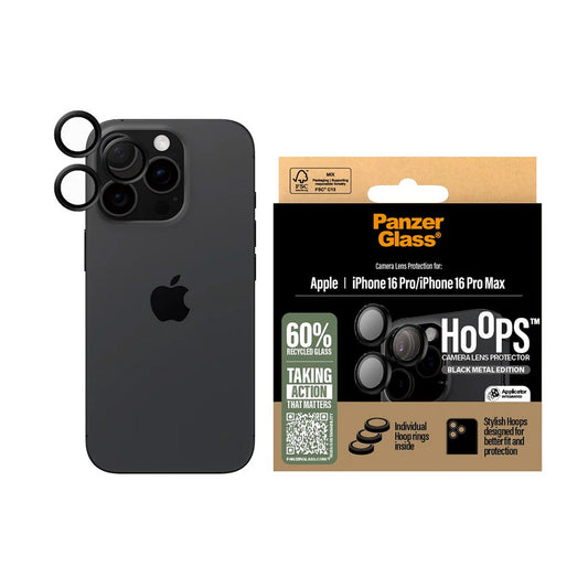 Funda protectora de cámara trasera PanzerGlass Hoops para Apple iPhone 16 Pro Max / 16 Pro, Cristal Templado, Negro.