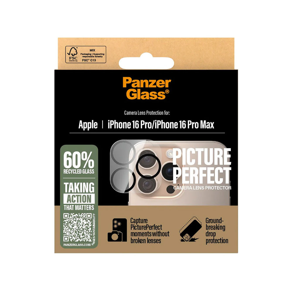 Protector de cámara trasera PanzerGlass PicturePerfect para Apple iPhone 16 Pro Max / 16 Pro, Cristal Templado, Transparente.