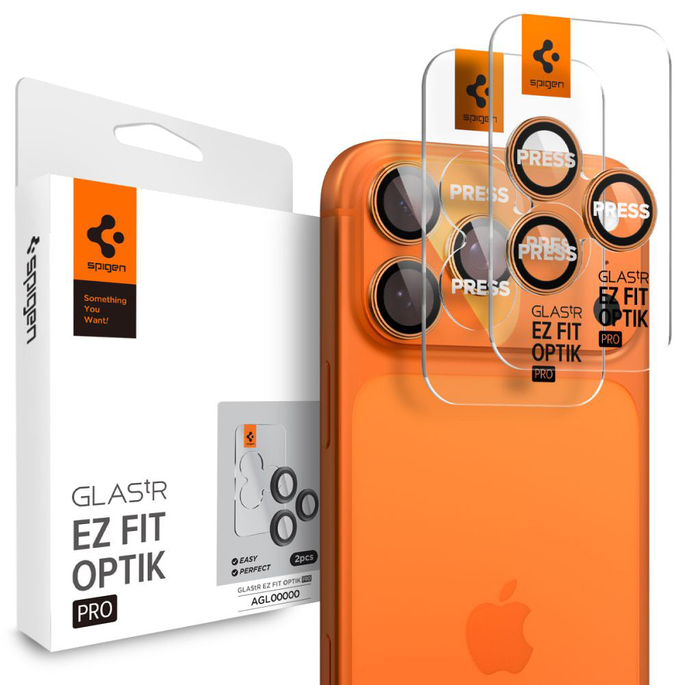 Protector de cámara trasera Spigen GlastR EZ FIT Optik Pro para Apple iPhone 17 Pro Max / 17 Pro, Cristal Templado, Set de 2 piezas, Naranja
