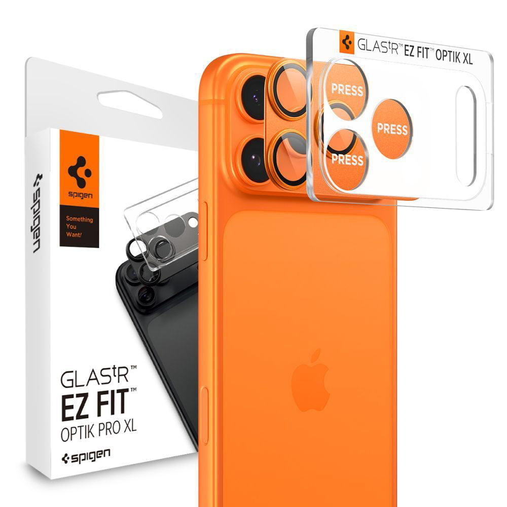 Protector de cámara trasera Spigen GlastR EZ FIT Optik Pro XL para Apple iPhone 17 Pro, Cristal Templado, Naranja AGL10645