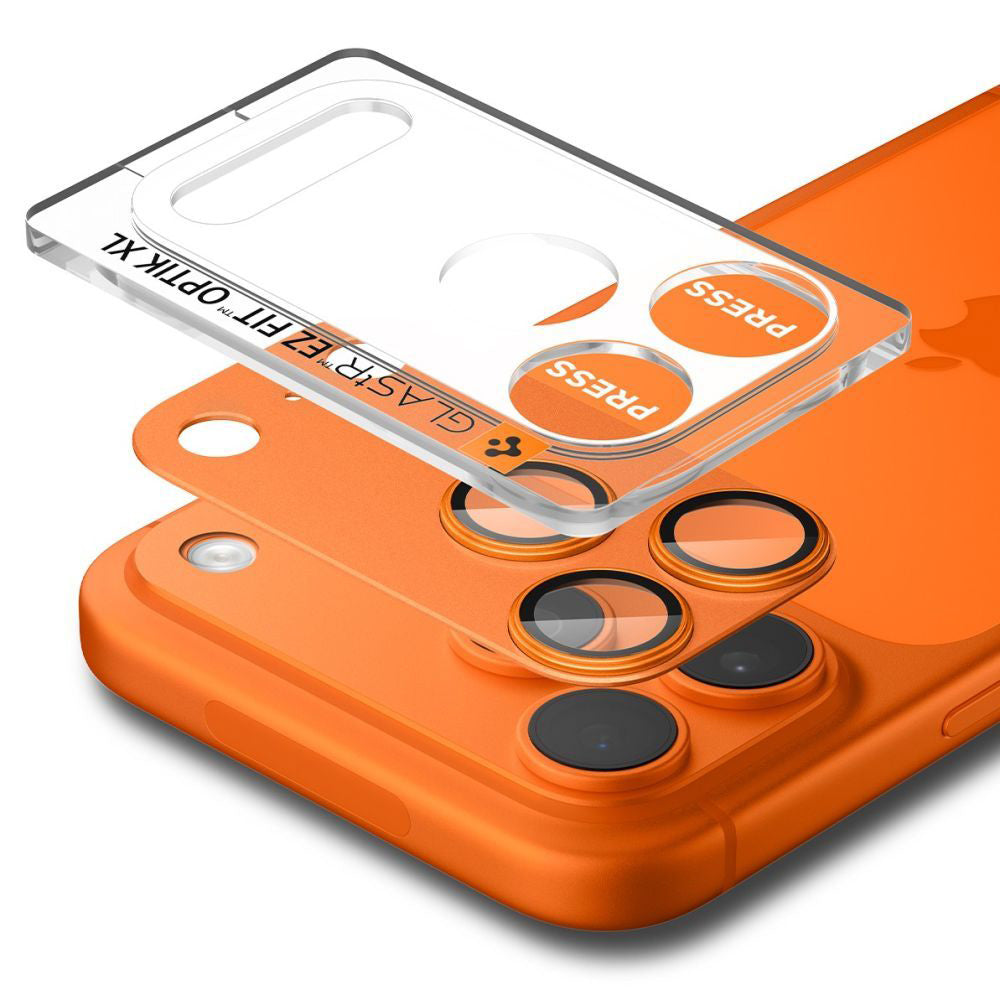 Protector de cámara trasera Spigen GlastR EZ FIT Optik Pro XL para Apple iPhone 17 Pro, Cristal Templado, Naranja AGL10645