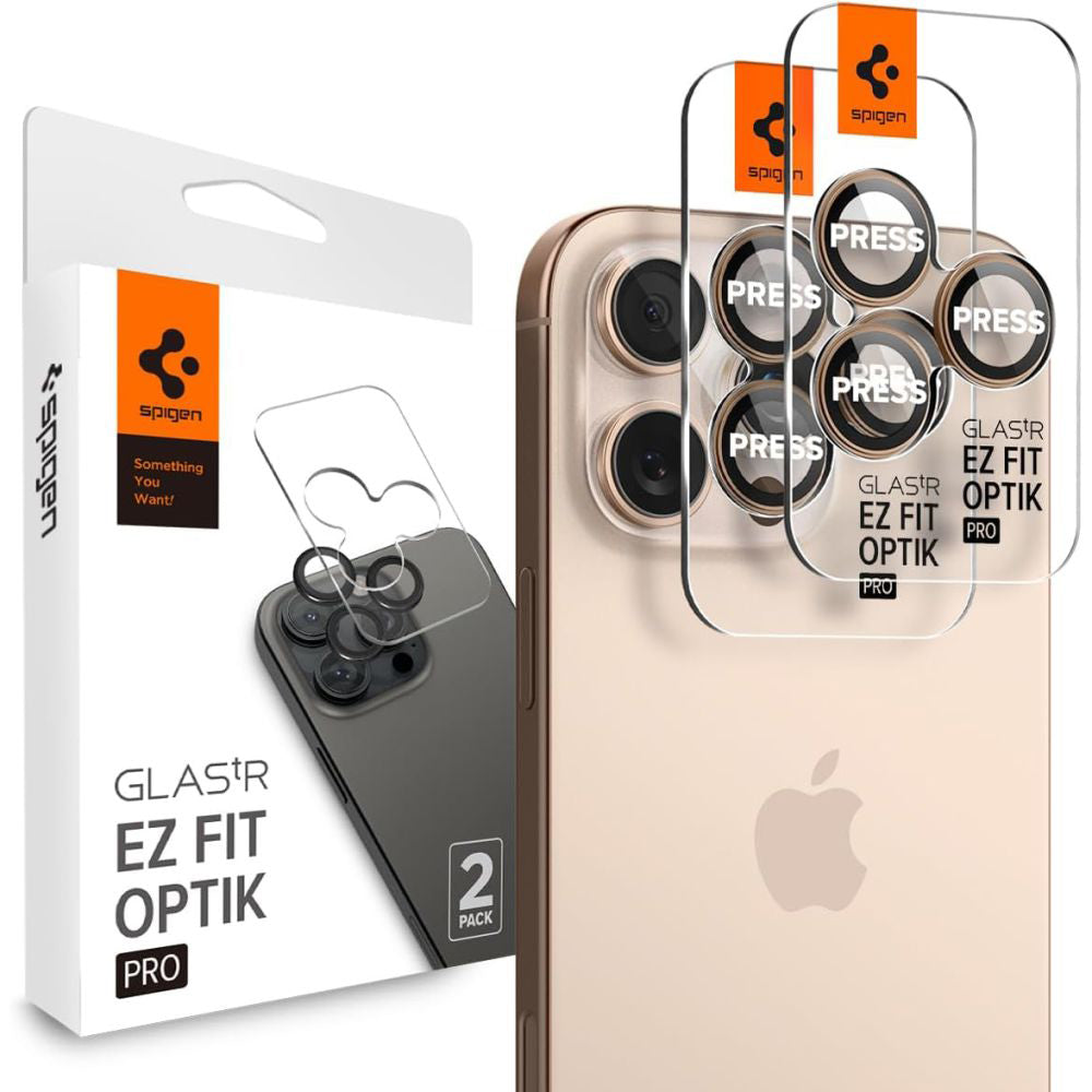 Protector de cámara trasera Spigen GlastR EZ FIT Optik Pro para Apple iPhone 16 Pro, Cristal Templado, Set de 2 piezas, Bronce AGL08862