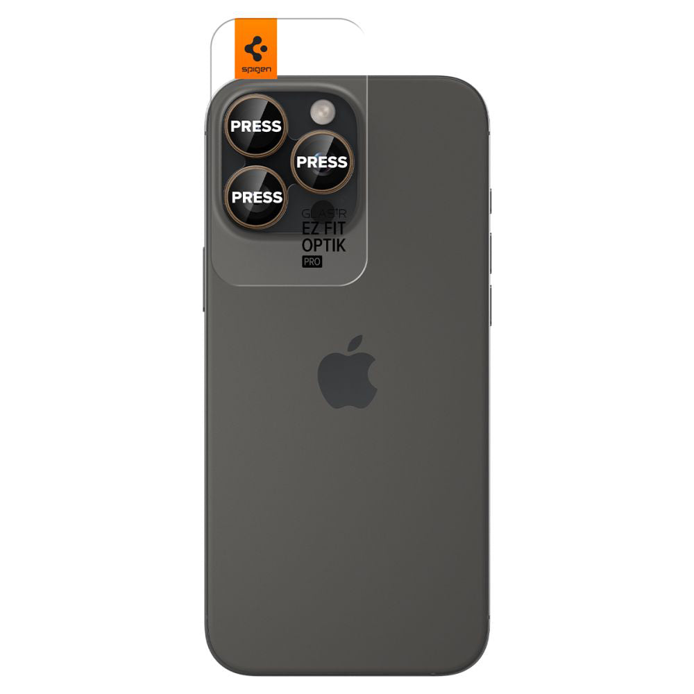 Protector de cámara trasera Spigen GlastR EZ FIT Optik Pro para Apple iPhone 16 Pro, Cristal Templado, Set de 2 piezas, Bronce AGL08862