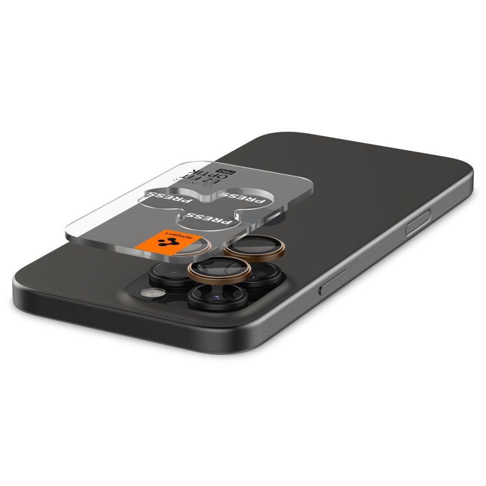 Protector de cámara trasera Spigen GlastR EZ FIT Optik Pro para Apple iPhone 16 Pro, Cristal Templado, Set de 2 piezas, Bronce AGL08862