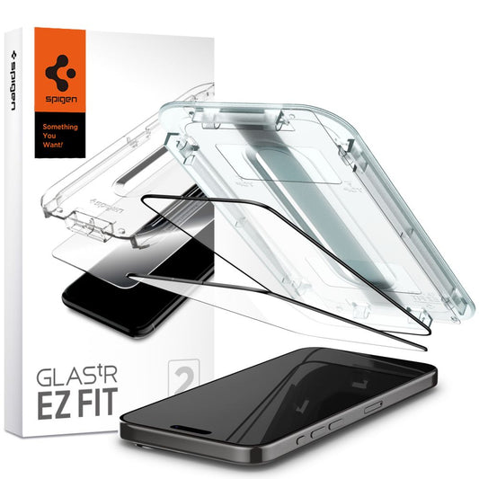 Spigen EZ FIT Protector de Pantalla para Apple iPhone 15 Pro Max, Vidrio Blindado, Pegamento Completo, Set 2 piezas, 2.5D, Negro AGL06873 AGL06873