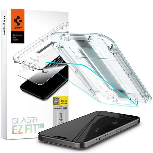 Spigen EZ FIT Protector de Pantalla para Apple iPhone 15 Pro, Vidrio Blindado, Pegamento Completo, 2.5D AGL06898 AGL06898