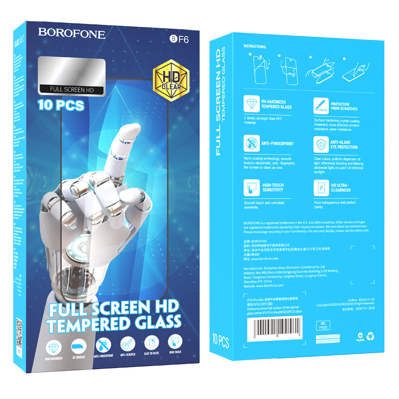 Protector de pantalla Borofone BF6 Diamond Armor para Apple iPhone 12 / 12 Pro, Glass Shielded, Full Glue, Juego de 10 piezas, Negro
