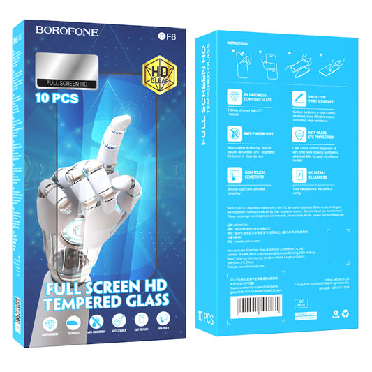 Borofone BF6 Diamond Armor Screen Protector for Apple iPhone 16e / 14 / 13 Pro / 13, Tempered Glass, Full Glue, Set of 10 pieces, Black