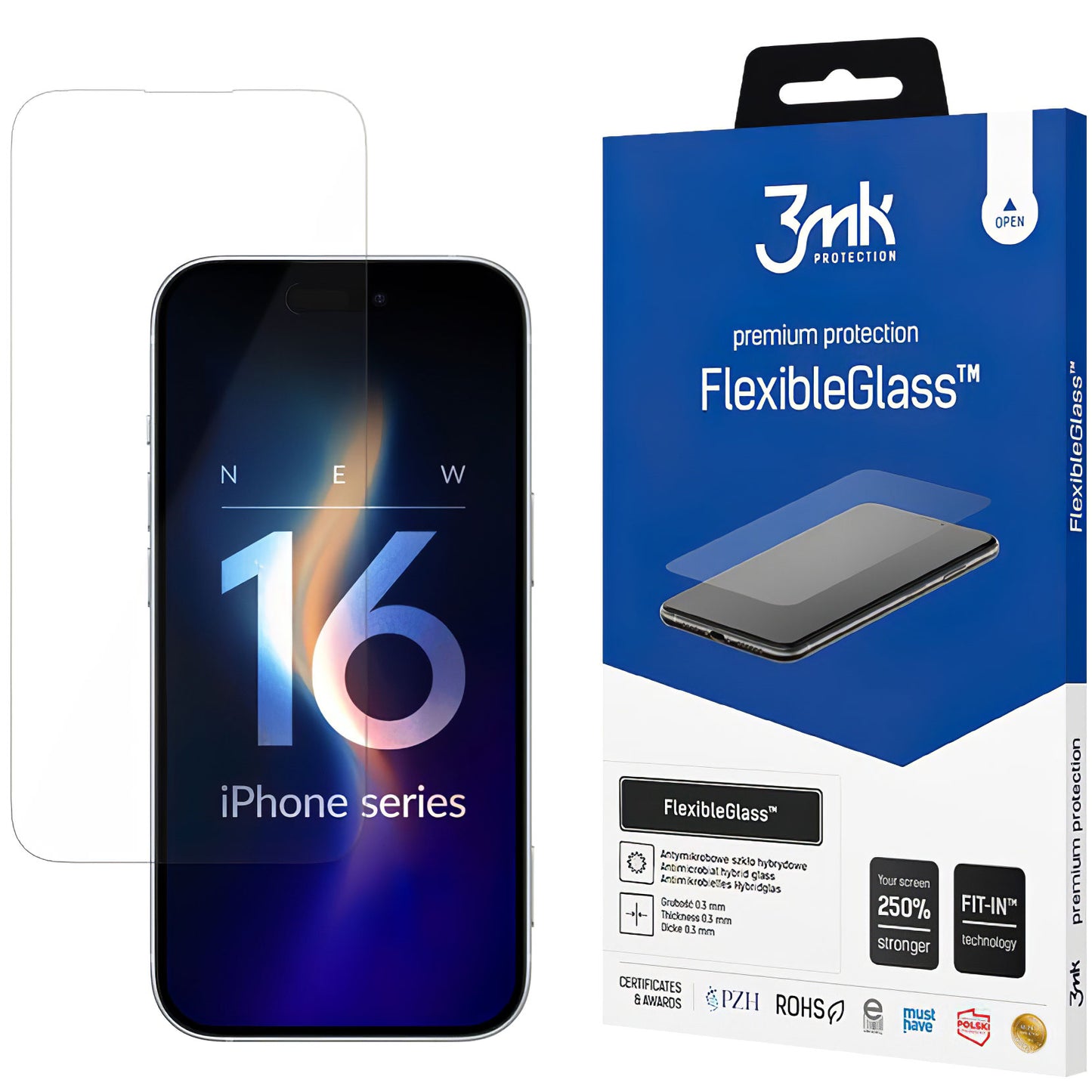 Protector de pantalla 3MK FlexibleGlass para Apple iPhone 16, Vidrio Flexible, Pegamento Completo