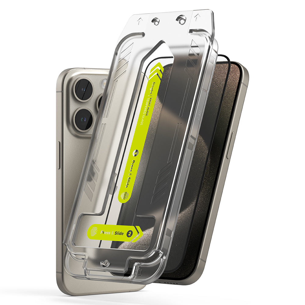 Protector de pantalla Ringke Easy Slide para Apple iPhone 15 Pro Max, Cristal Templado, Full Glue, Set de 2 piezas, Negro.