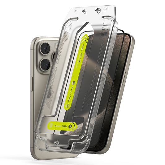 Protector de pantalla Ringke Easy Slide para Apple iPhone 15 Pro Max, Cristal Templado, Full Glue, Set de 2 piezas, Negro.
