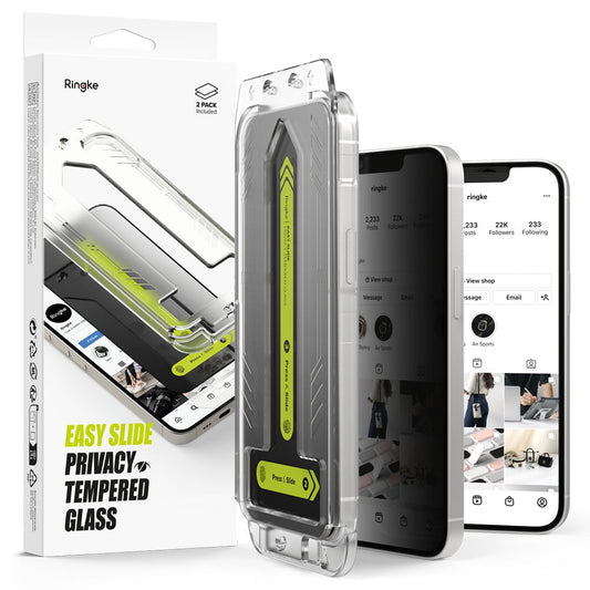 Protector de pantalla Privacy Ringke Easy Slide para Apple iPhone 16e / 14 / 13 Pro / 13, Cristal Templado, Adhesivo Completo, Set de 2 piezas