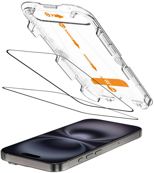 Protector de pantalla Tech-Protect Quick Set+ para Apple iPhone 16 / 15, Cristal Templado, Full Glue, Set de 2 piezas, Negro