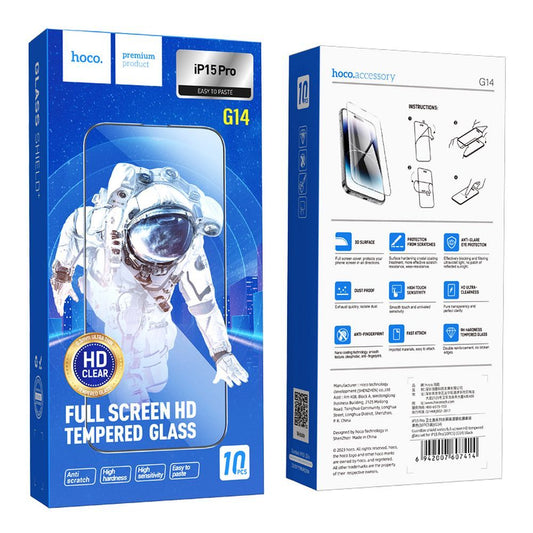 Protector de pantalla HOCO G14 para Apple iPhone 15 Pro, Cristal Templado, Full Glue, Set de 10 piezas, 5D, Negro