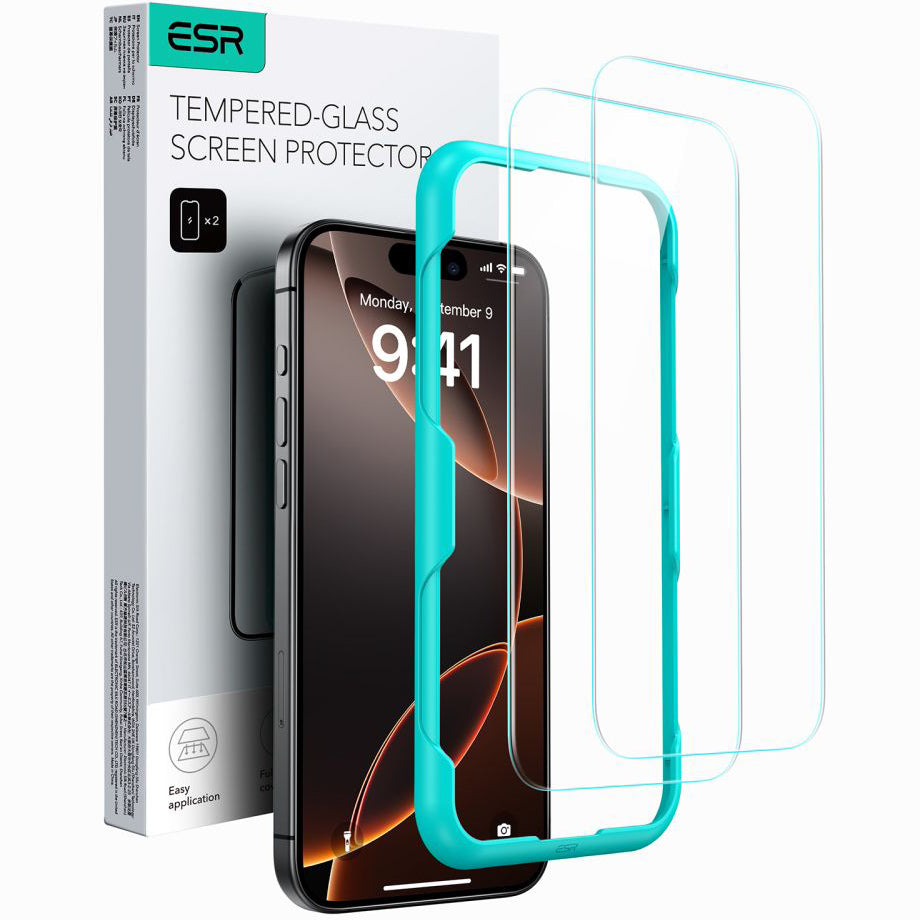Protector de pantalla ESR para Apple iPhone 16 / 15, Cristal Templado, Full Glue, Set de 2 piezas, Negro