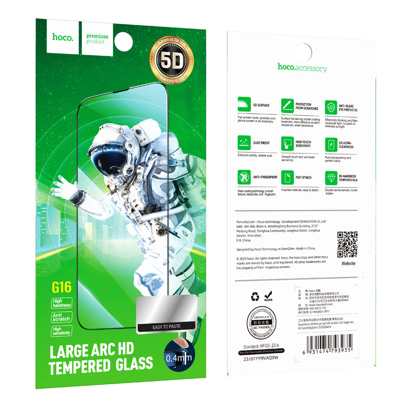 Protector de pantalla HOCO G16 para Apple iPhone 14 Plus / 13 Pro Max, Cristal Templado, Full Glue, 5D, Negro