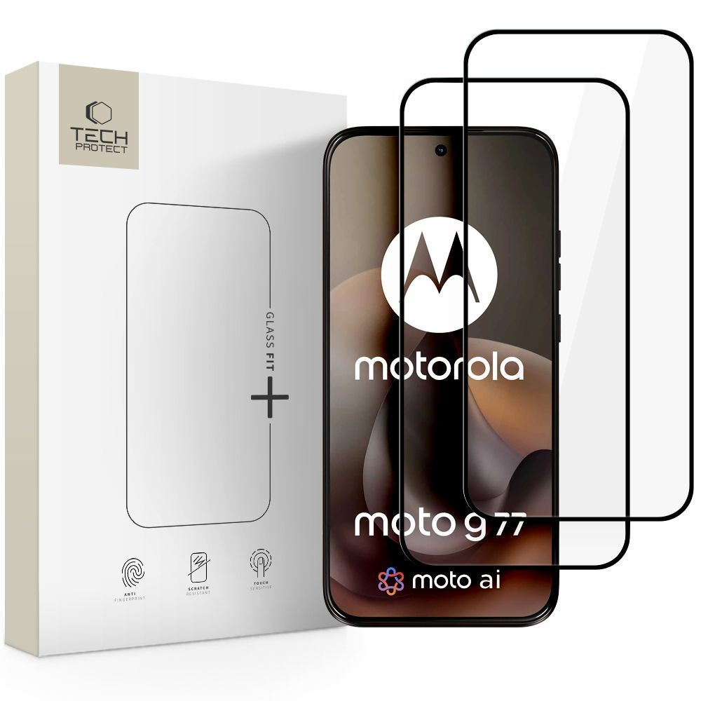 Protector de pantalla Tech-Protect FIT+ para Motorola Moto G77 / G67, vidrio templado, adhesivo completo, juego de 2 piezas, 2.5D, negro
