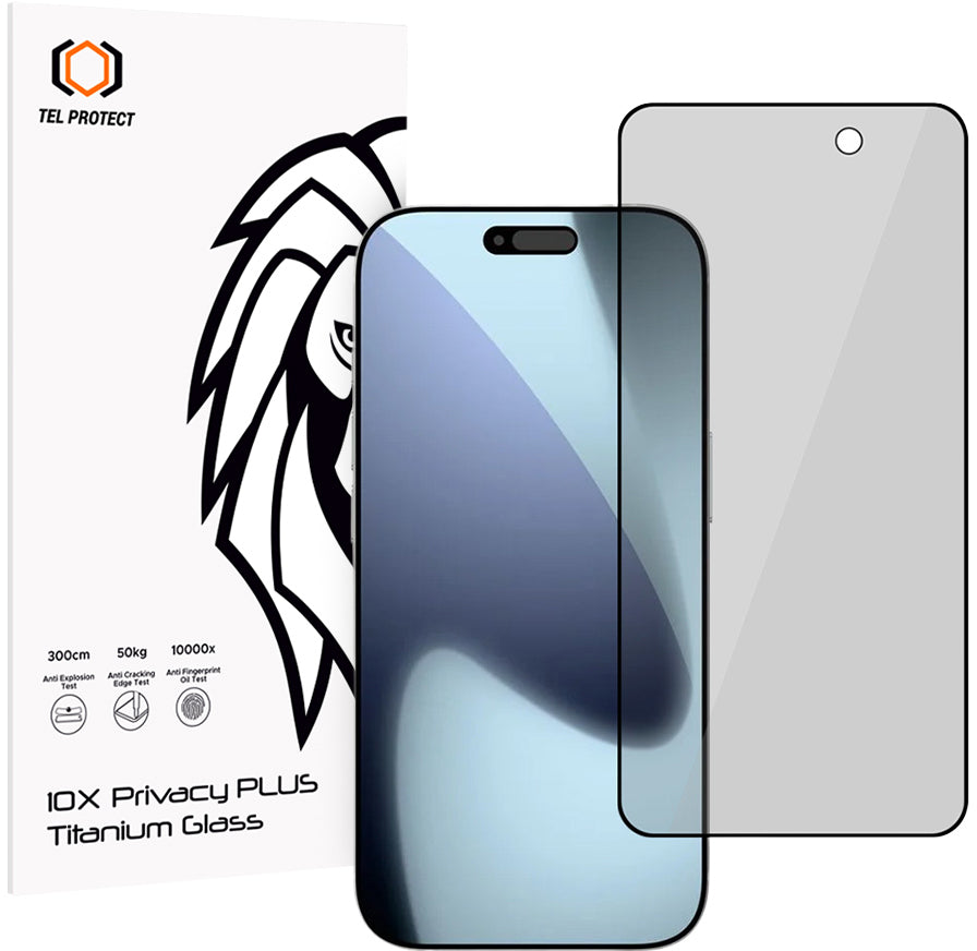 Protector de pantalla de privacidad Tel Protect 10X Plus Titanium para Apple iPhone 17 Pro, vidrio templado, adhesivo completo