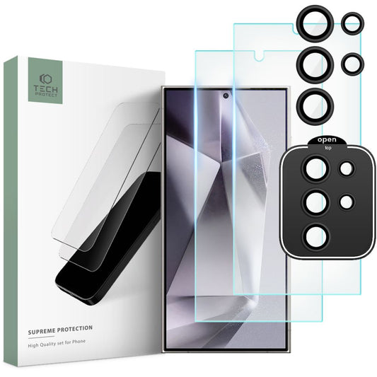 Tech-Protect Supreme Película Protectora de Pantalla Trasera y Cámara para Samsung Galaxy S24 Ultra S928, Cristal Protegido, Pegamento Completo, Set 3 piezas, 2.5D