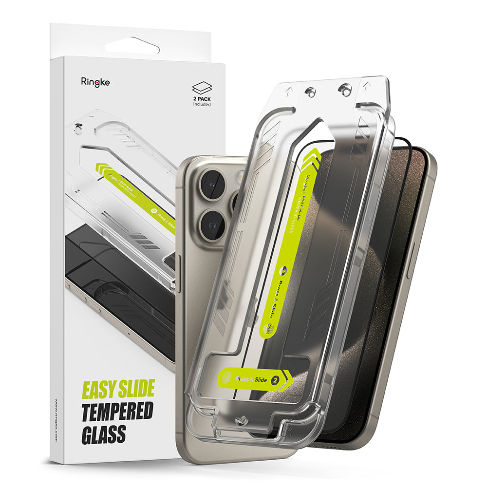 Protector de pantalla Ringke Easy Slide para Apple iPhone 15 Pro Max, Cristal Templado, Full Glue, Set de 2 piezas, Negro.