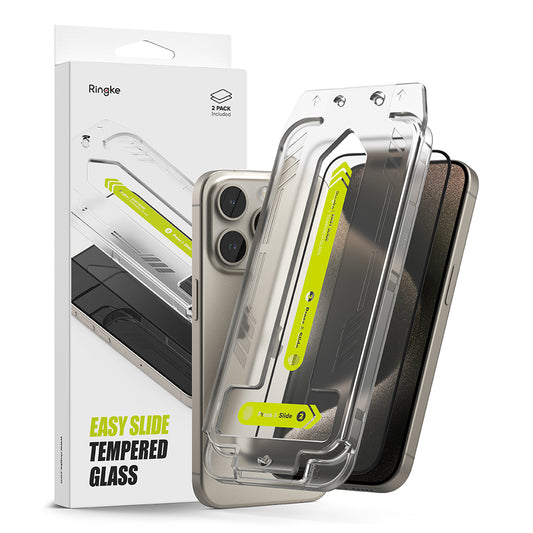 Protector de pantalla Ringke Easy Slide para Apple iPhone 15 Pro Max, Cristal Templado, Full Glue, Set de 2 piezas, Negro.
