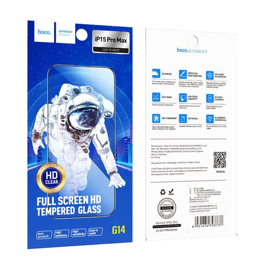 Protector de pantalla HOCO G14 para Apple iPhone 15 Pro Max, Cristal Templado, Full Glue, Set de 10 piezas, 5D, Negro