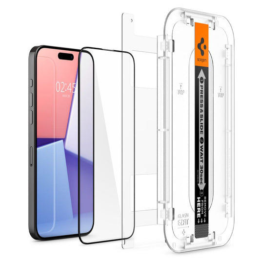Spigen EZ FIT Protector de Pantalla para Apple iPhone 15, Cristal Blindado, Pegado Completo, 2.5D, Apto para Fundas, Negro AGL06908 AGL06908