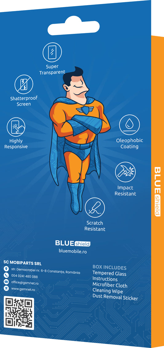 BLUE Shield Protector de pantalla para Motorola Moto E7 Plus / G9 Play, Glass Shield, Full Glue, Case Friendly, Negro