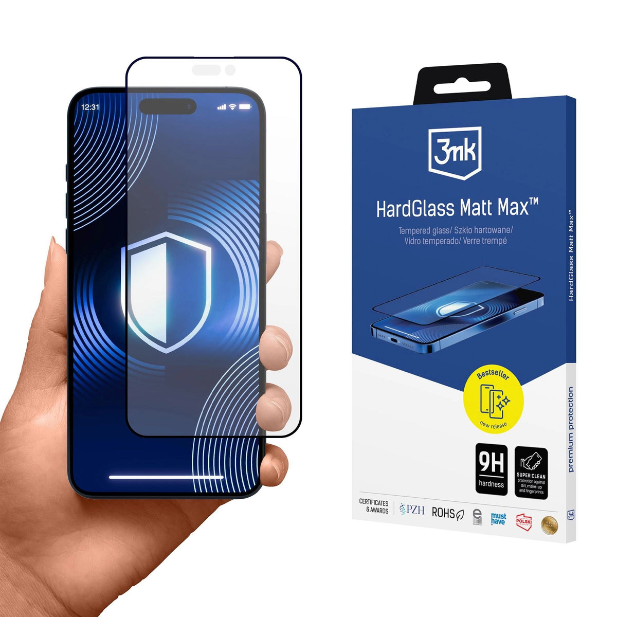Protector de pantalla 3MK HardGlass Mate Max para Apple iPhone 16 Pro Max, Cristal protector, Pegamento completo, Negro