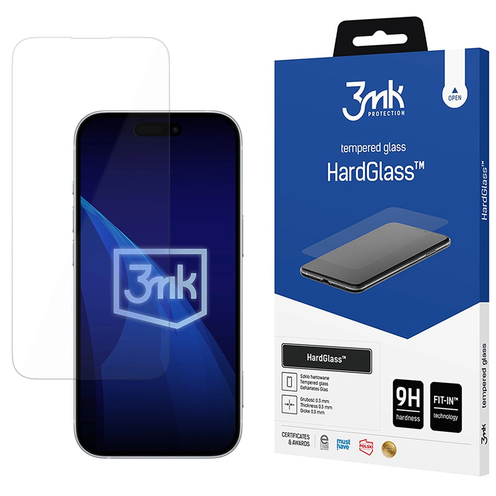 Protector de pantalla 3MK HardGlass para Apple iPhone 18 Pro / 17 Pro / 17 / 16 Pro, Vidrio templado, Pegamento completo